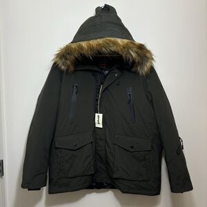 Vintage NWT Schott Nyc Goose Down Puffer Jacket Fur Hood 2XL Military Green Coat